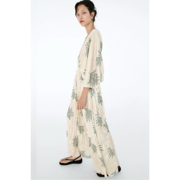 ZARA | NWT Wrinkled Effect Printed Satin Maxi Dress in Ecru, Size Medium - Picture 11 of 13